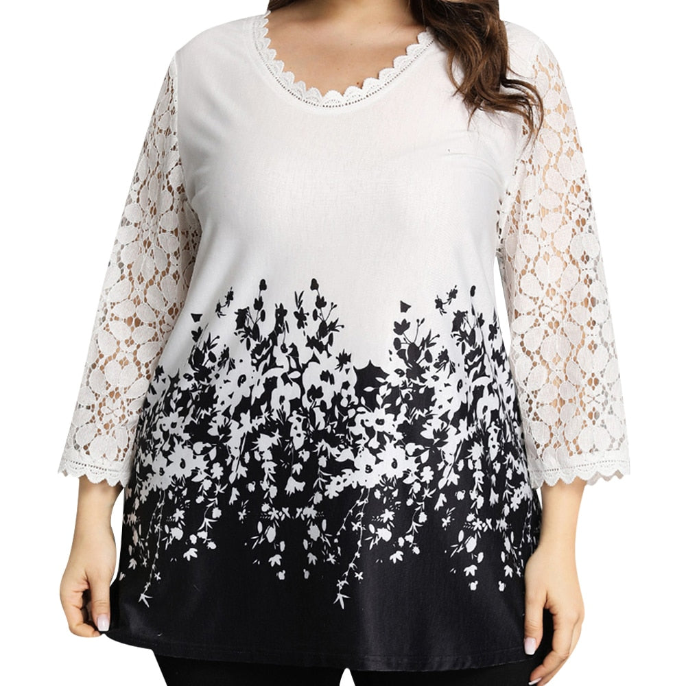 L-6XL Plus Size O Neck 3/4 Sleeve Loose Mesh Top
