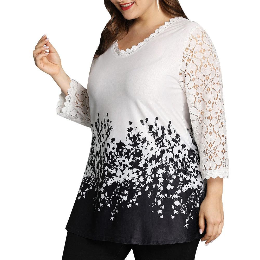 L-6XL Plus Size O Neck 3/4 Sleeve Loose Mesh Top