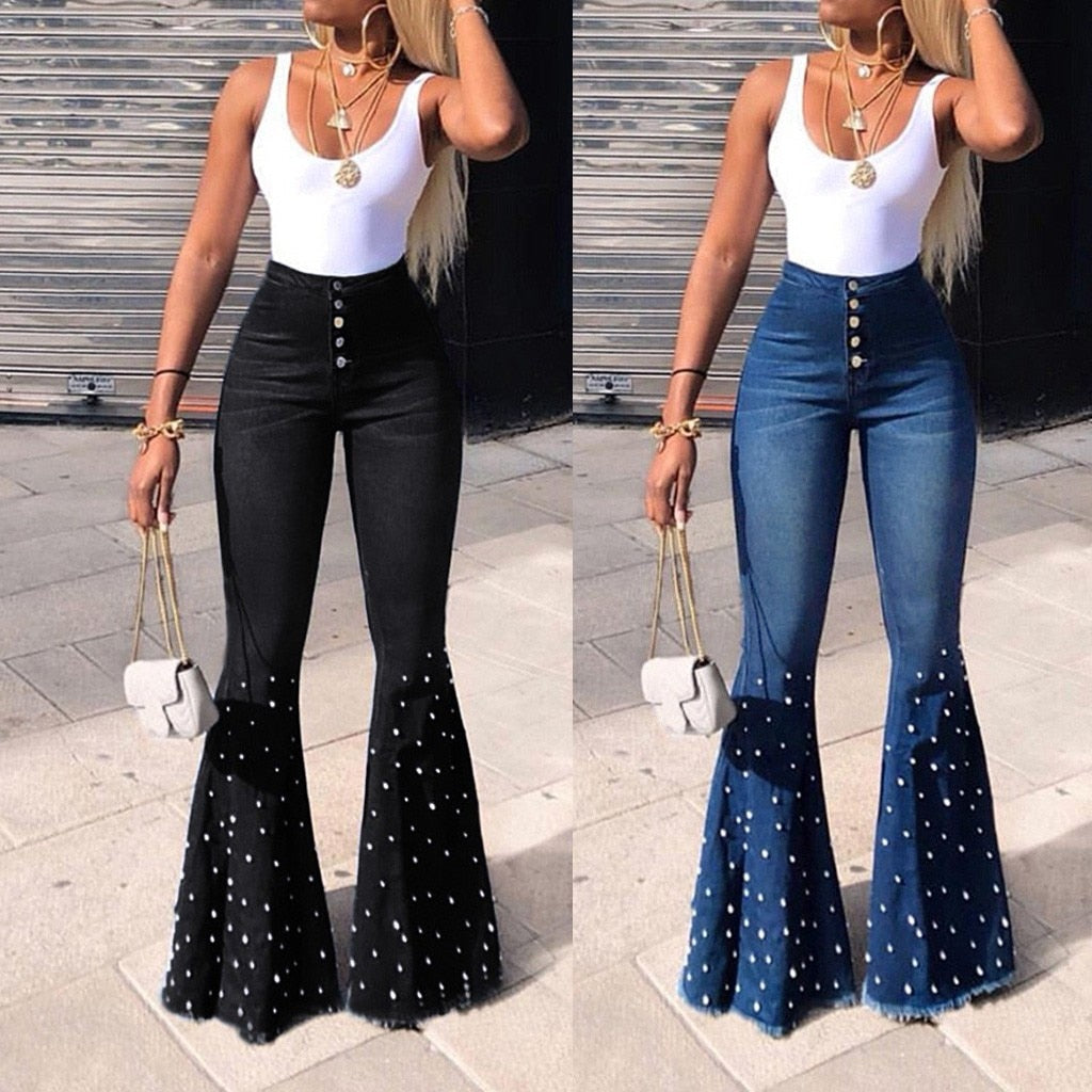 High Waist Flare Button Bell-bottom Tassel Pants - Fashion Damsel
