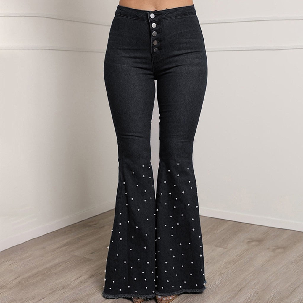 High Waist Flare Button Bell-bottom Tassel Pants - Fashion Damsel