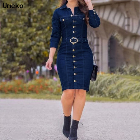 Vintage Long Sleeve Button Up Knee Length Pencil Denim Dress