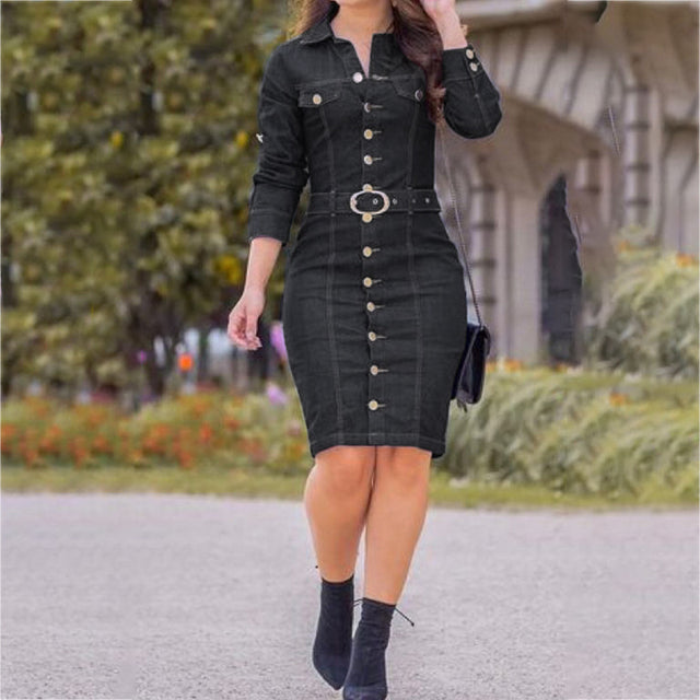 Vintage Long Sleeve Button Up Knee Length Pencil Denim Dress