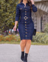 Vintage Long Sleeve Button Up Knee Length Pencil Denim Dress