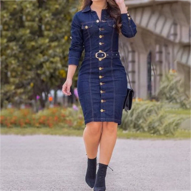 Vintage Long Sleeve Button Up Knee Length Pencil Denim Dress