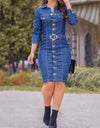Vintage Long Sleeve Button Up Knee Length Pencil Denim Dress