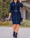 Vintage Long Sleeve Button Up Knee Length Pencil Denim Dress