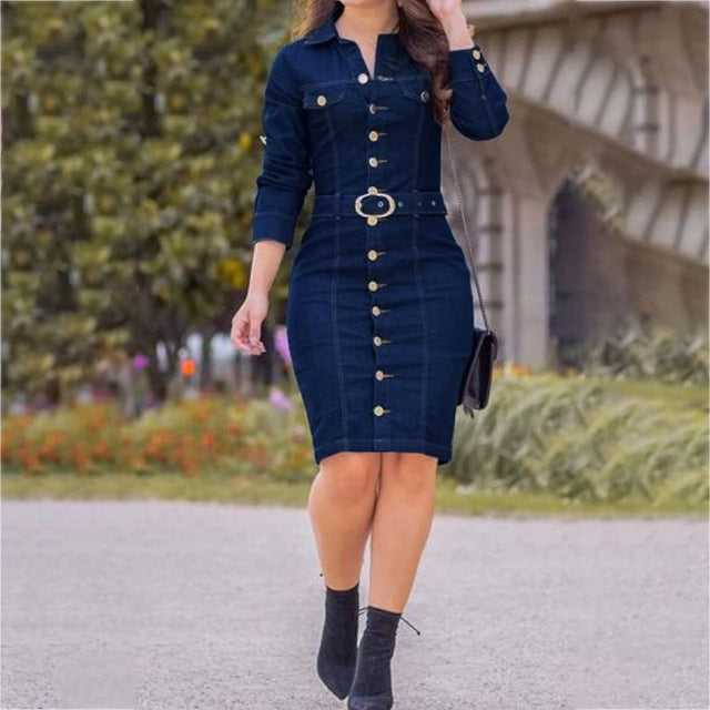 Vintage Long Sleeve Button Up Knee Length Pencil Denim Dress