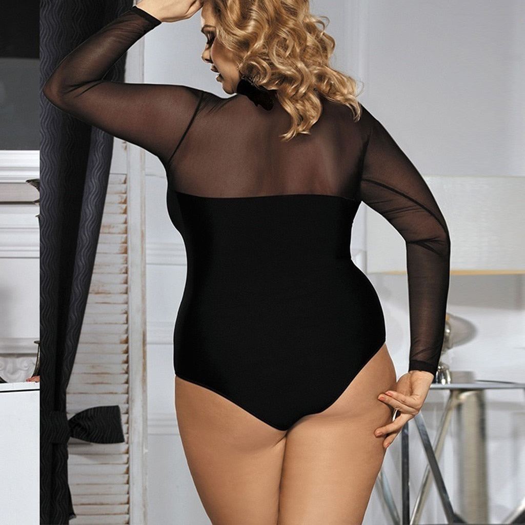 Plus-Size One-Piece Sheer Mesh Bodysuit - Fashion Damsel