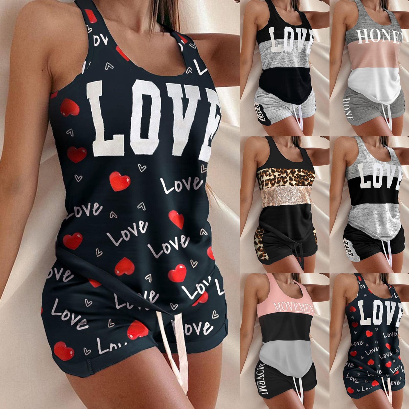 Women sleeveless Pajama Set love print - Fashion Damsel