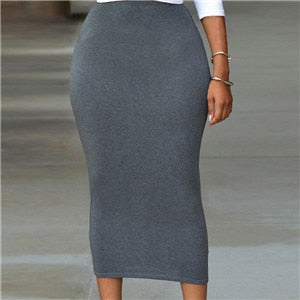 Solid Mid-Calf Pencil Stretch Skirt - Fashion Damsel