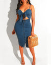 Spaghetti Strap Backless With Bow Denim Dress - Fashion Damsel