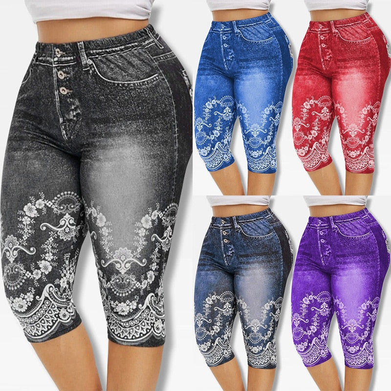 Printed Denim High Waist Yoga Pant - Fashion Damsel
