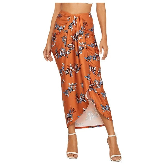 Midi Skirt With Casual Slit Wrap Asymmetrical High Waist