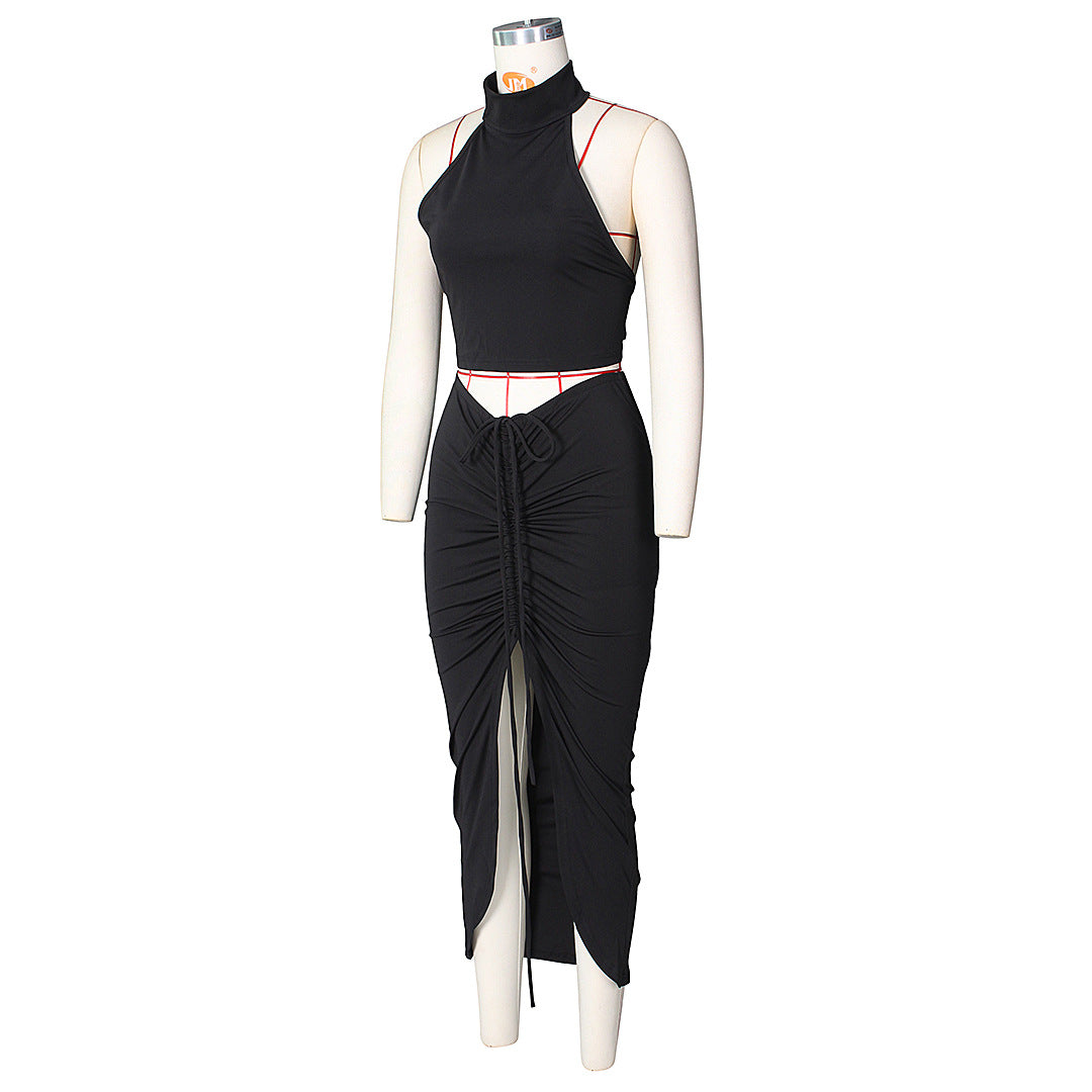 Pleated Sexy Backless Long Skirts Set