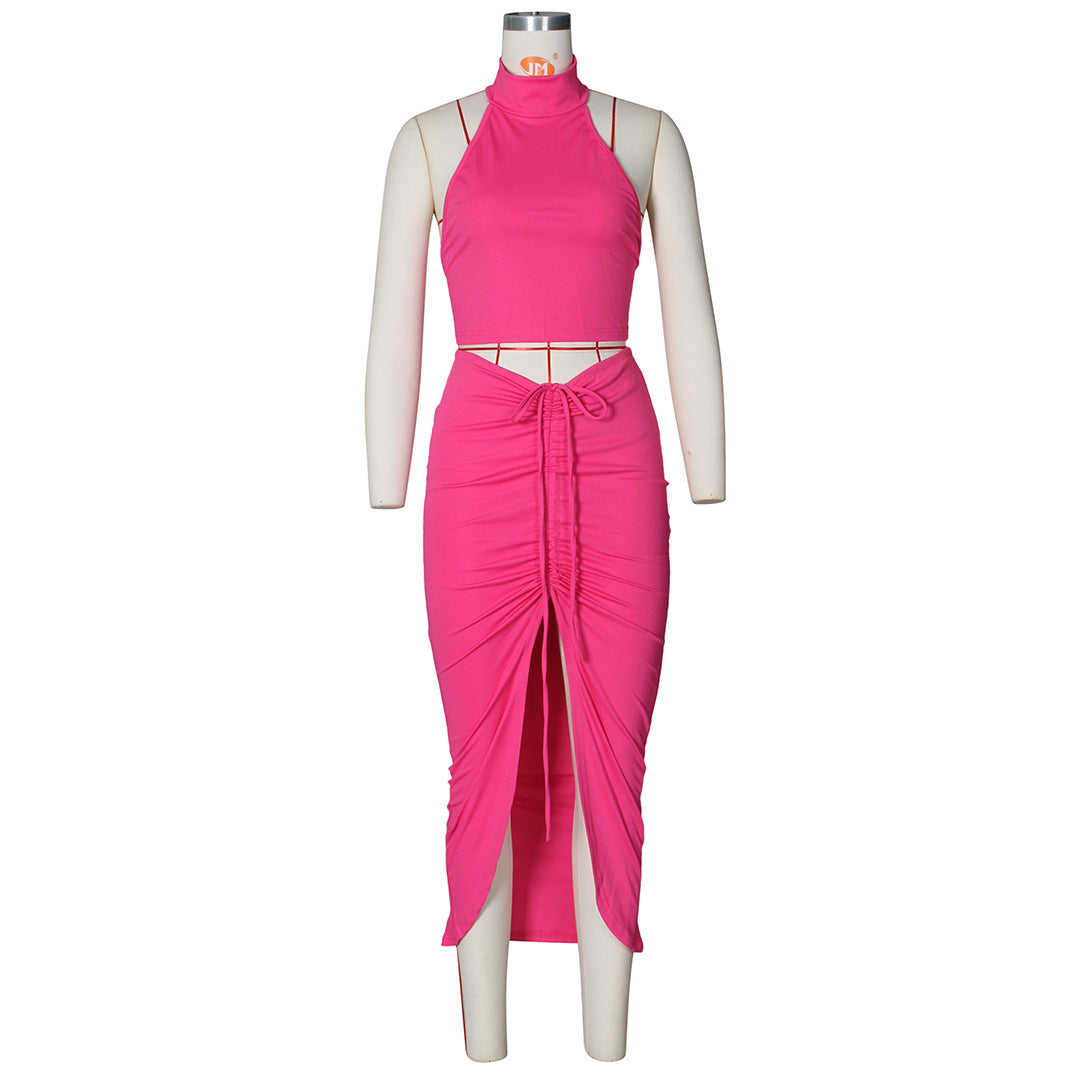 Pleated Sexy Backless Long Skirts Set