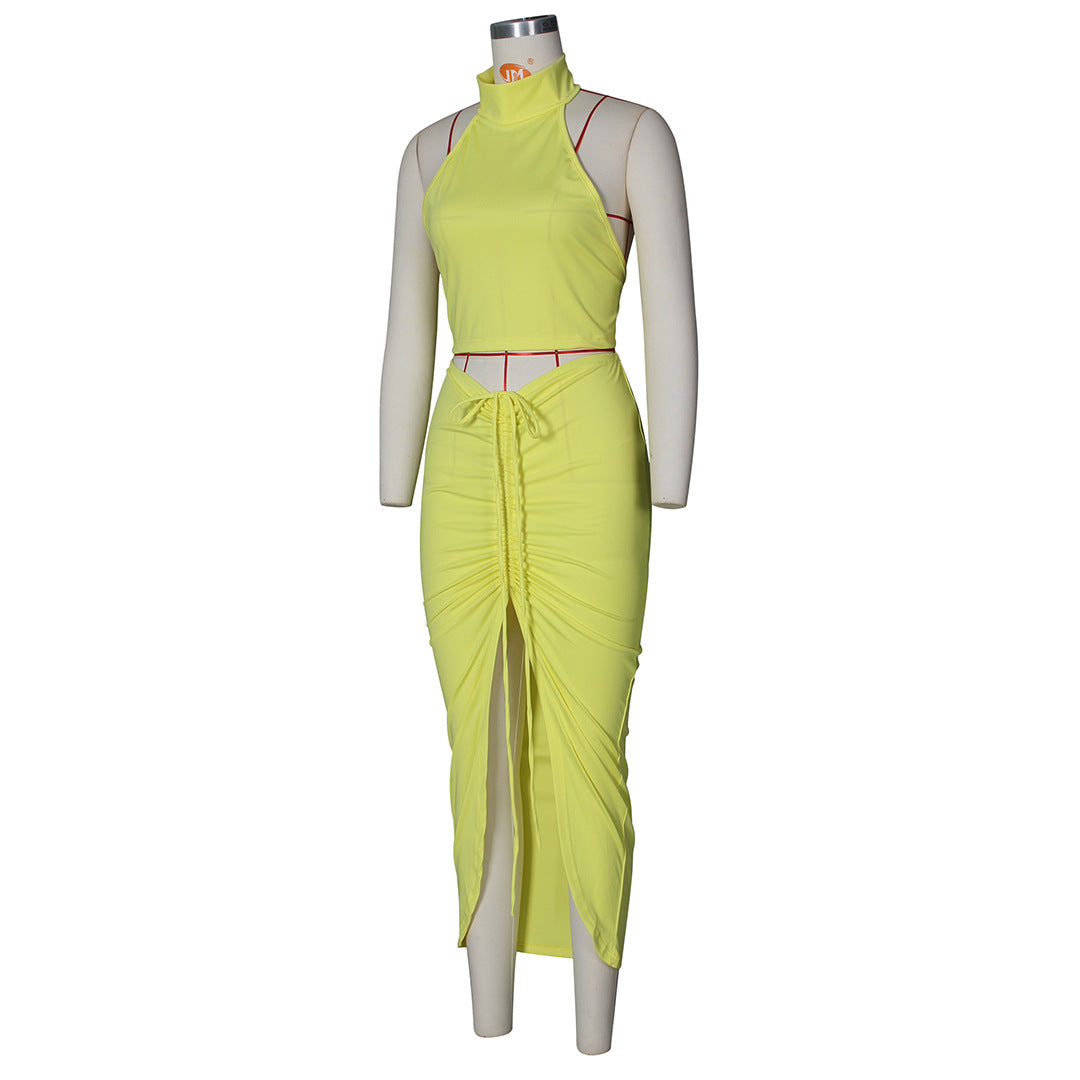 Pleated Sexy Backless Long Skirts Set