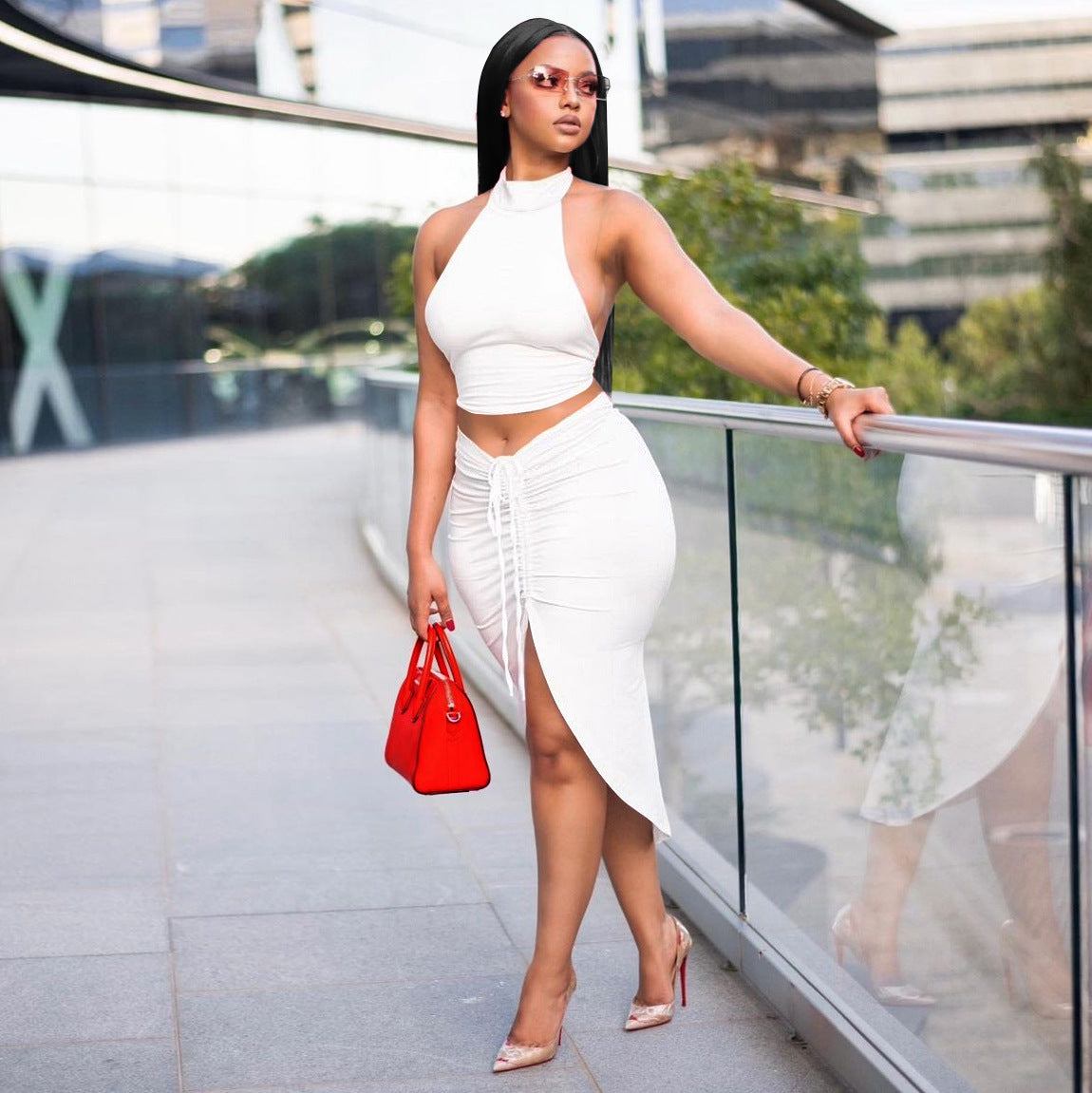 Pleated Sexy Backless Long Skirts Set