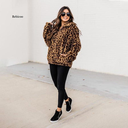 Turn-Down Collar Faux Fur Leopard Printed Jacket - Fashion Damsel