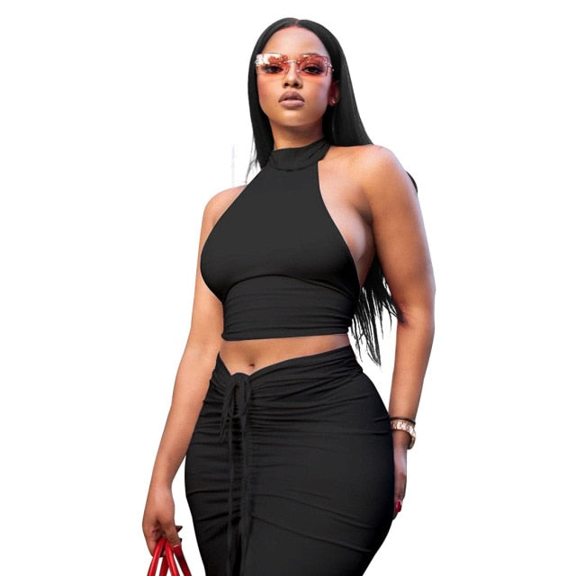 Pleated Sexy Backless Long Skirts Set
