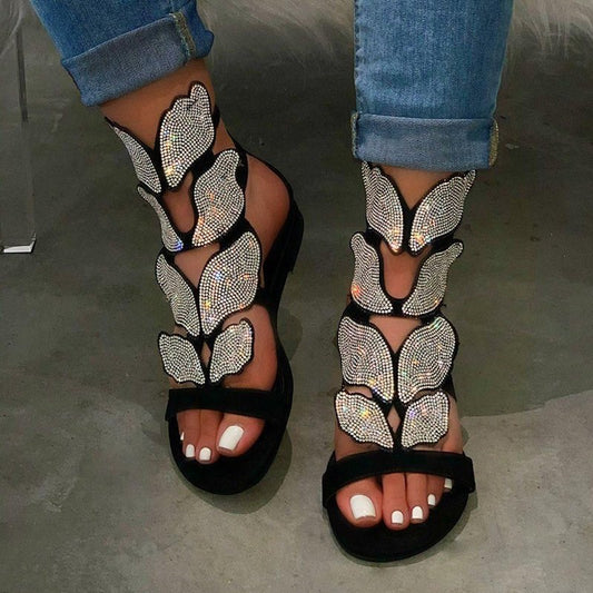Rhinestone Butterfly Flat Sandals - Fashion Damsel