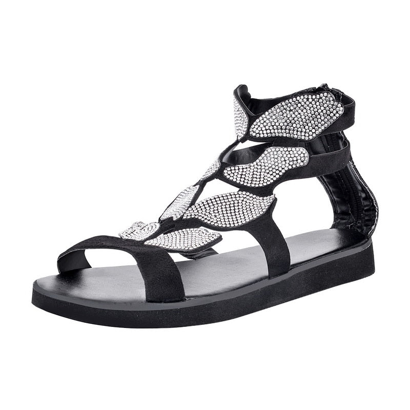 Rhinestone Butterfly Flat Sandals - Fashion Damsel