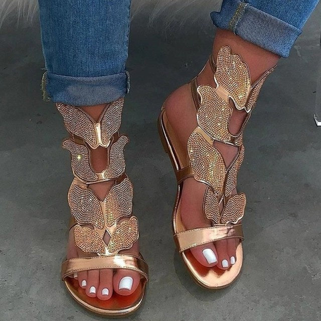 Rhinestone Butterfly Flat Sandals - Fashion Damsel