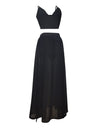 V Neck Solid Crop Top And Sheer High Slit Maxi Skirt Dress Set