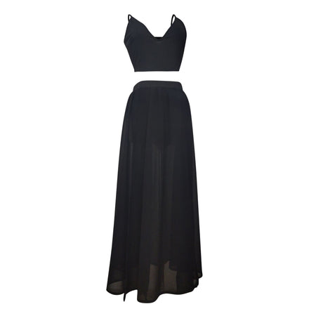 V Neck Solid Crop Top And Sheer High Slit Maxi Skirt Dress Set