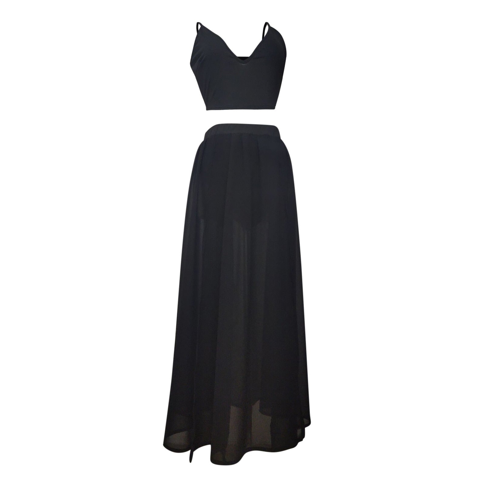 V Neck Solid Crop Top And Sheer High Slit Maxi Skirt Dress Set