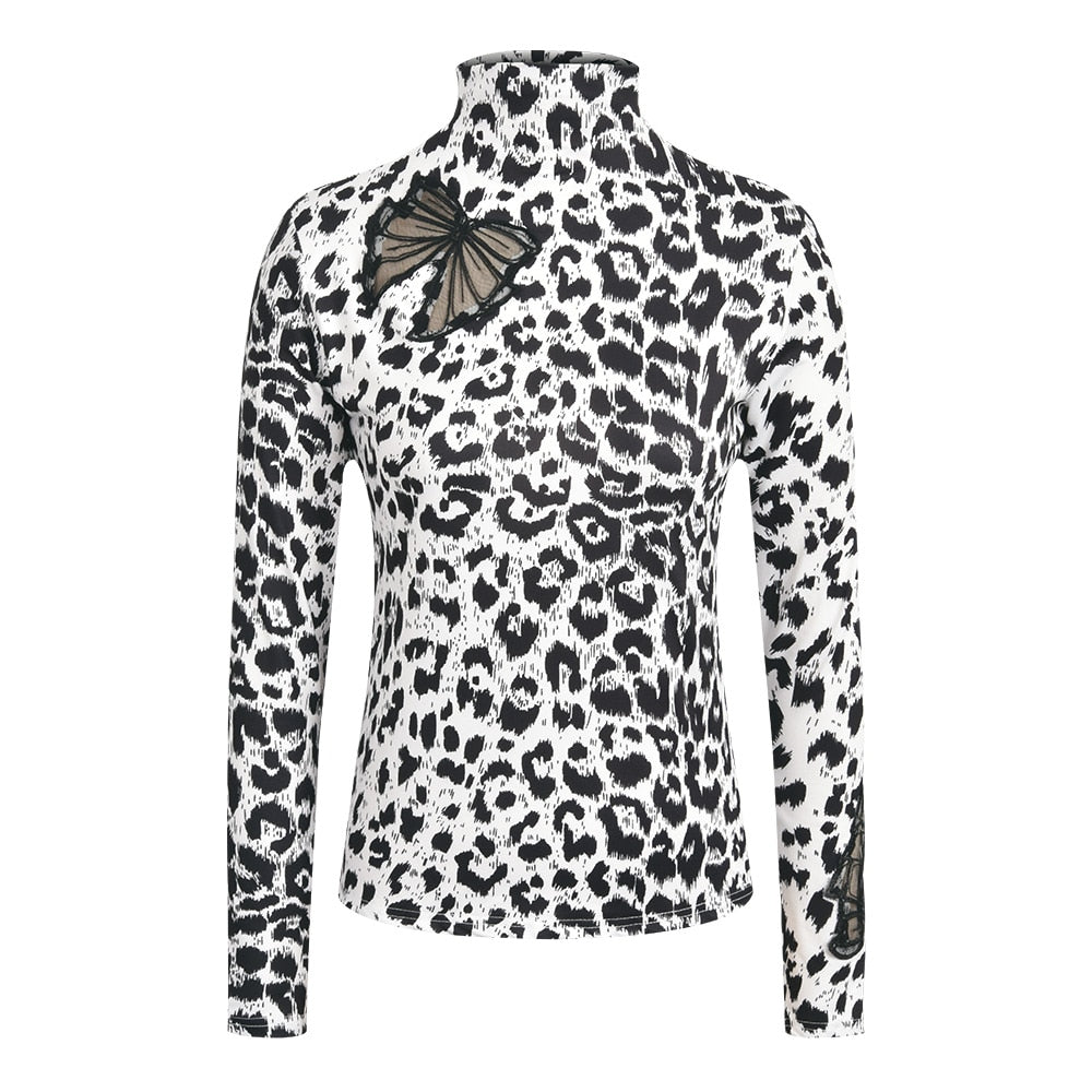 Long Sleeve Leopard Print Turtleneck Blouse - Fashion Damsel
