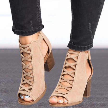 Hollow Out Square Heel Peep Toe Sandals