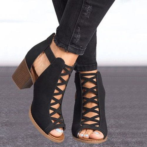 Hollow Out Square Heel Peep Toe Sandals