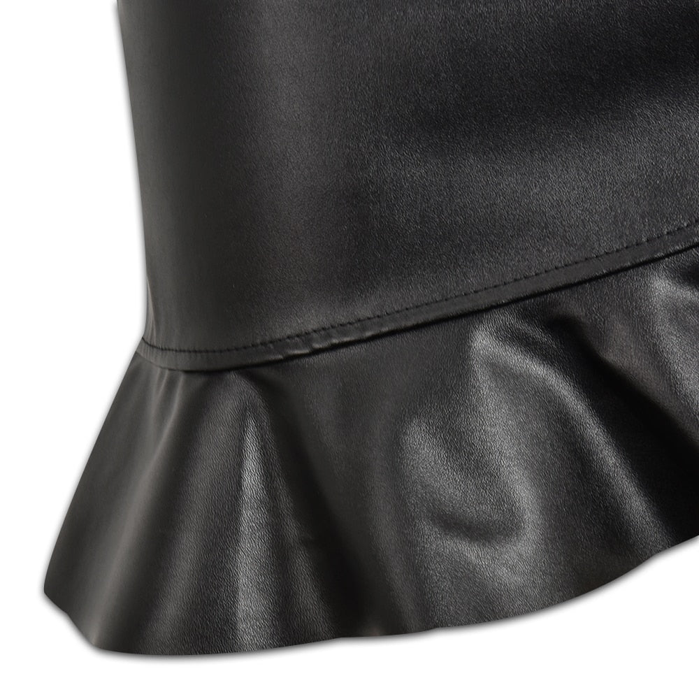 High Waist Black Ruffle Asymmetric Leather Pu Skirt