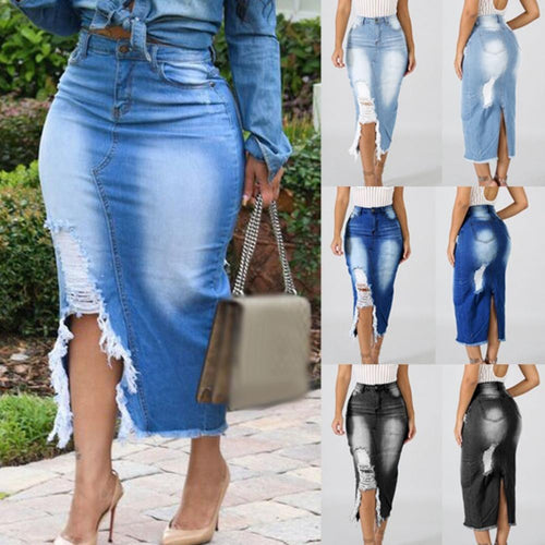 HOT SALE! High Waist Ripped Split Denim Long Skirt - Fashion Damsel