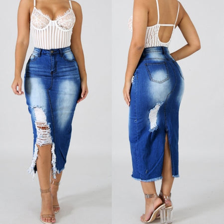 HOT SALE! High Waist Ripped Split Denim Long Skirt - Fashion Damsel