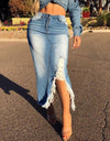 HOT SALE! High Waist Ripped Split Denim Long Skirt - Fashion Damsel