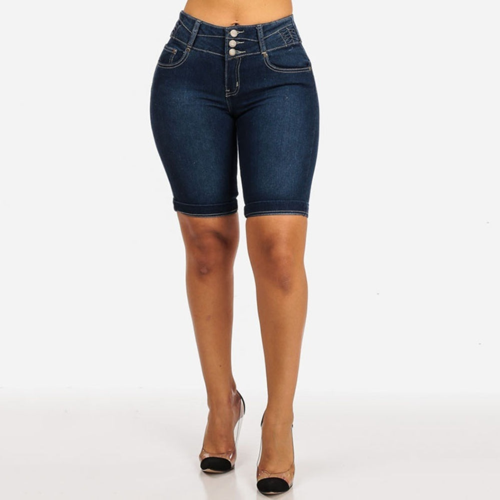 S-5XL High Waist Denim Stretch Slim Knee Shorts