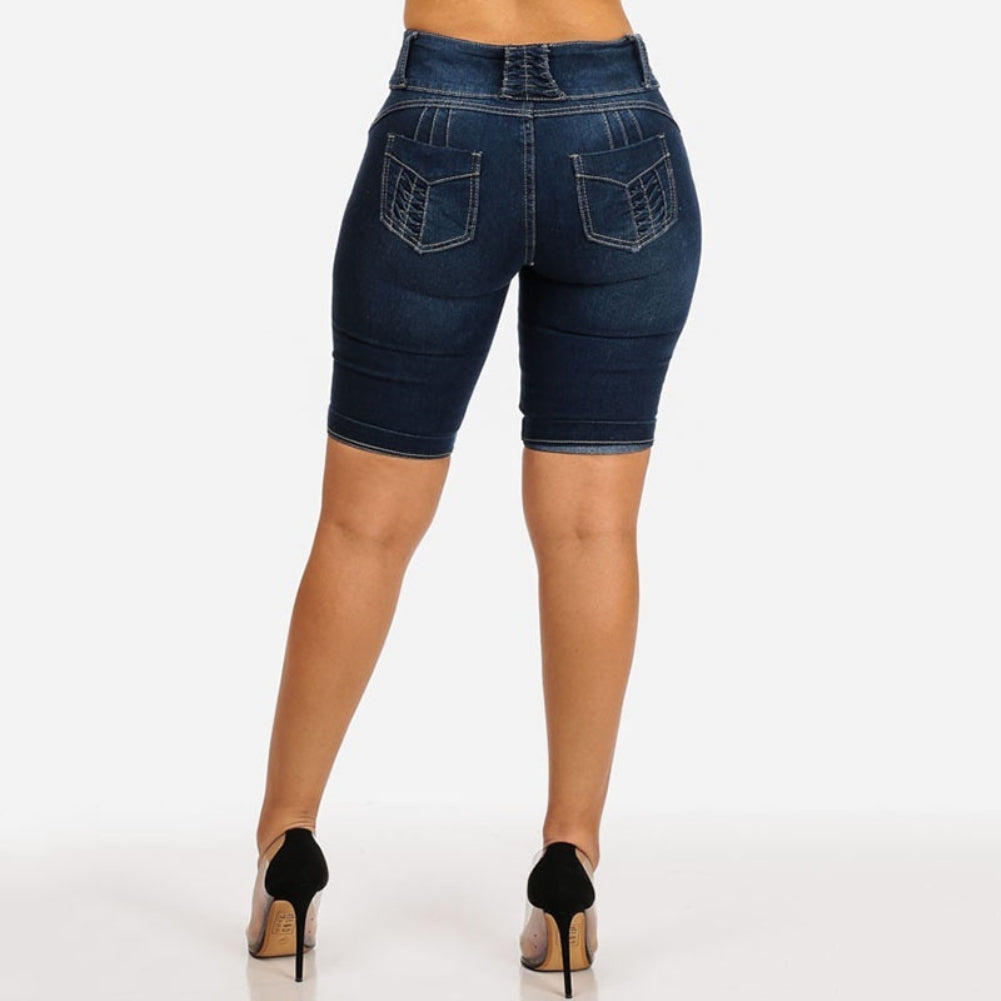 S-5XL High Waist Denim Stretch Slim Knee Shorts