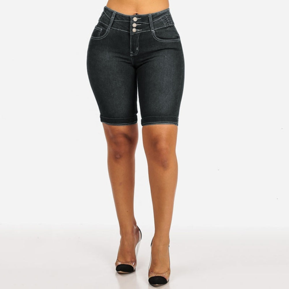 S-5XL High Waist Denim Stretch Slim Knee Shorts
