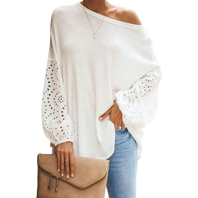 Hollow Out Lace Long Sleeve Casual Top