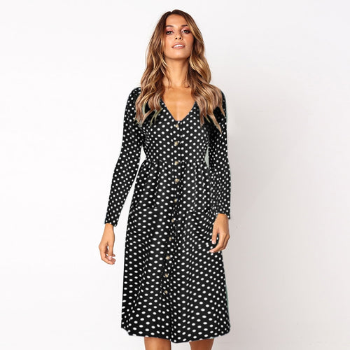 Autumn Polka Dot Long Sleeve Midi Dress - Fashion Damsel