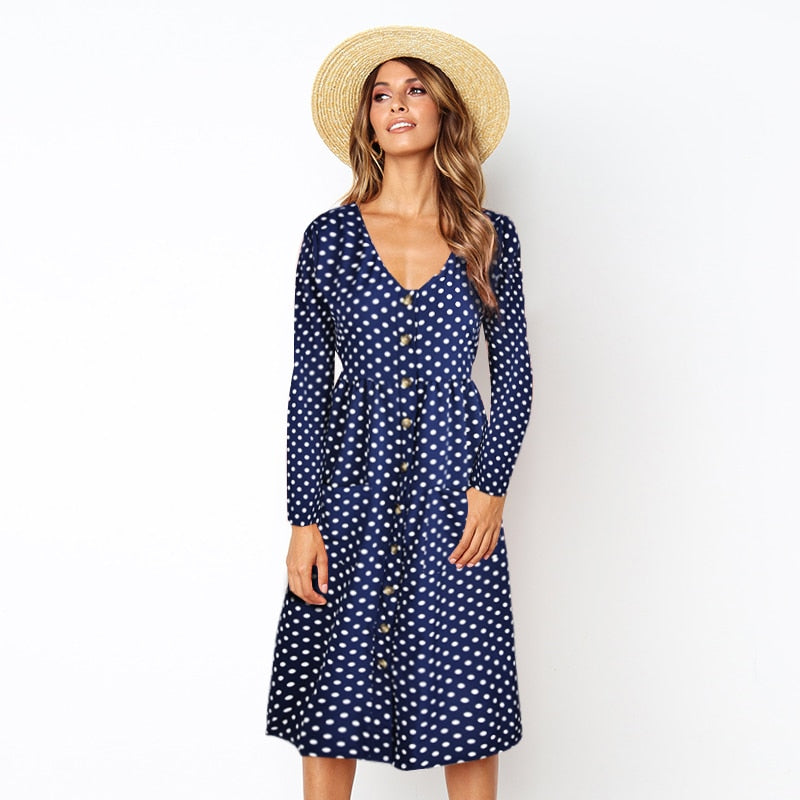 Autumn Polka Dot Long Sleeve Midi Dress - Fashion Damsel