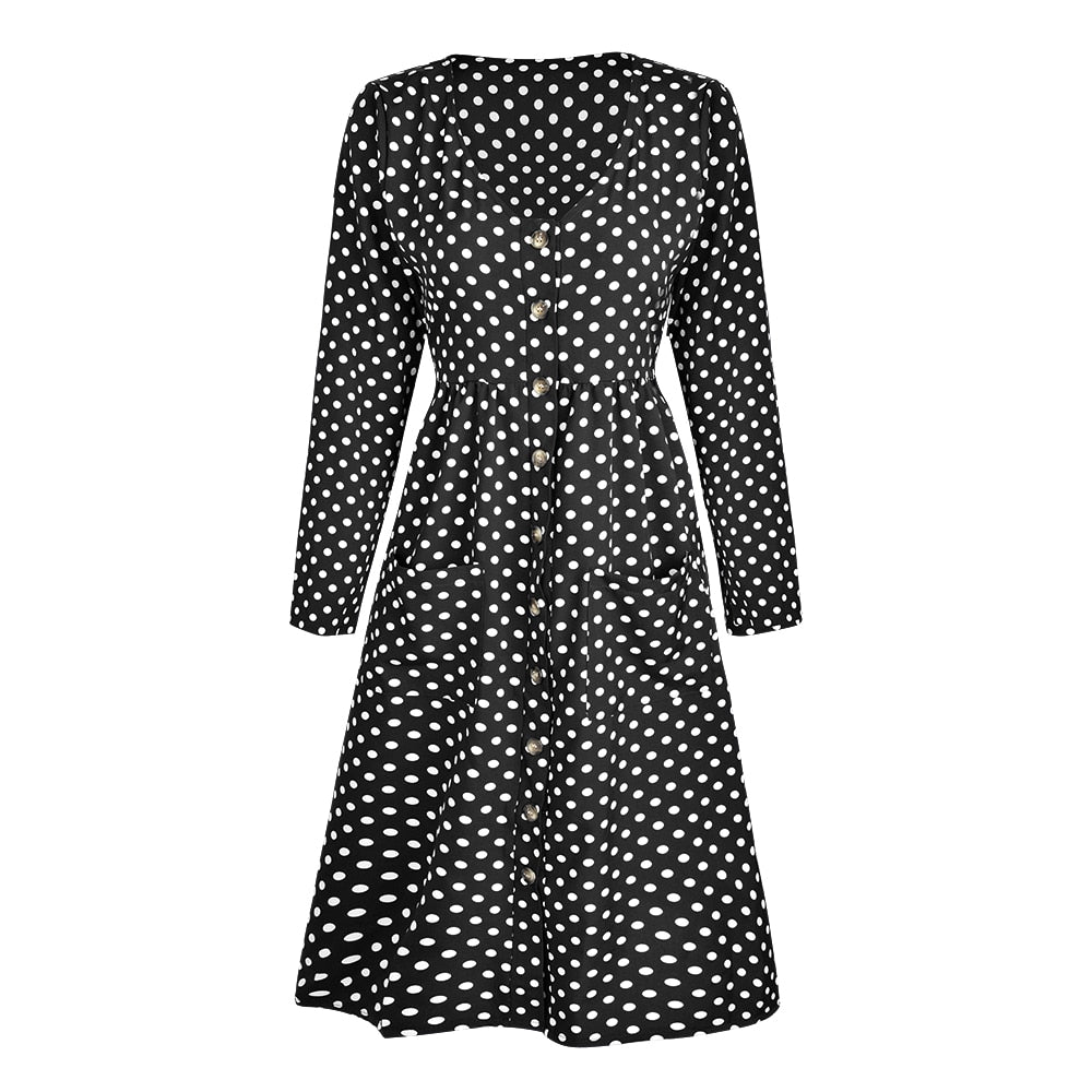Autumn Polka Dot Long Sleeve Midi Dress - Fashion Damsel