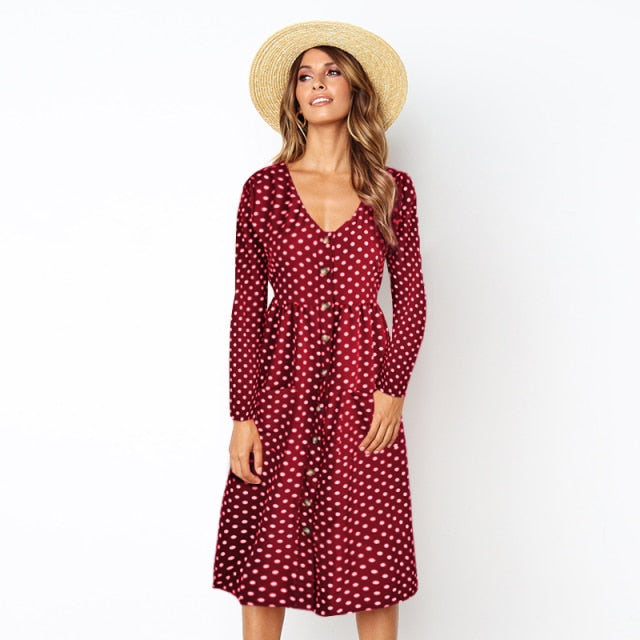 Autumn Polka Dot Long Sleeve Midi Dress - Fashion Damsel