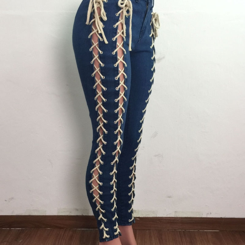 Bandage Women Pencil Jeans With Buttons - Fashion Damsel