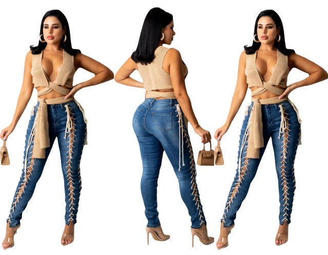 Bandage Women Pencil Jeans With Buttons - Fashion Damsel