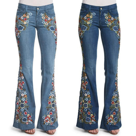 Vintage Embroidery Flare Denim Pants