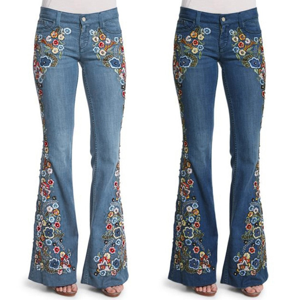 Vintage Embroidery Flare Denim Pants