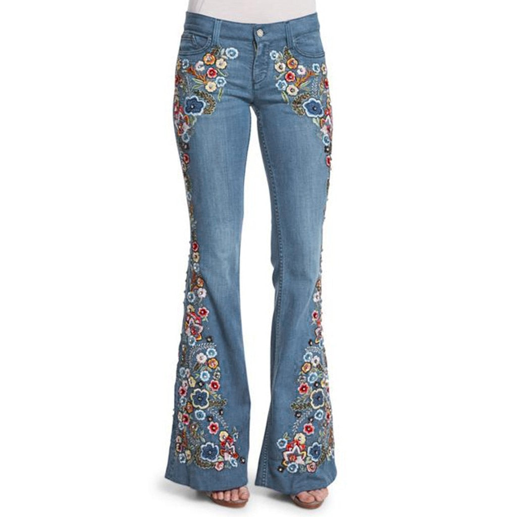 Vintage Embroidery Flare Denim Pants
