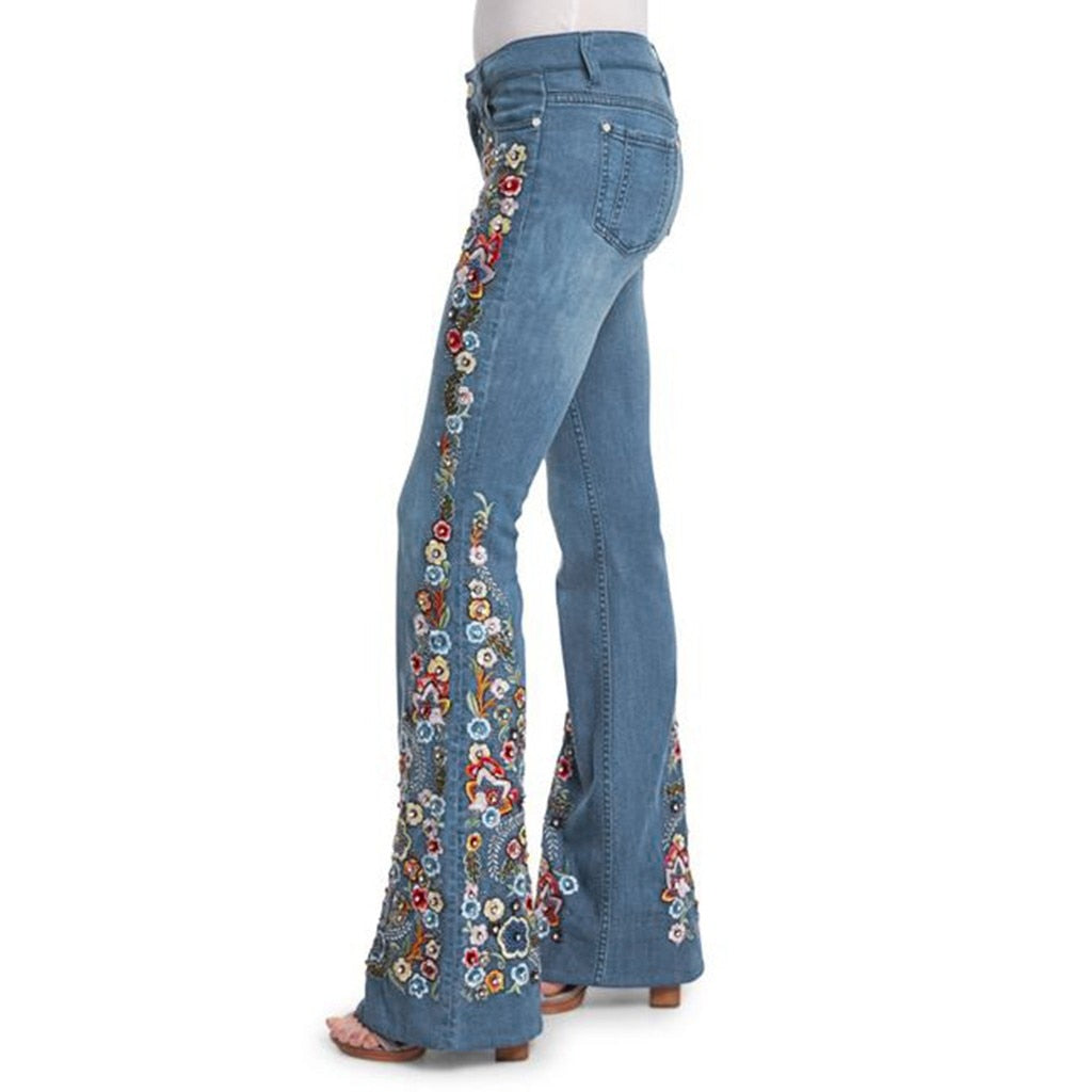 Vintage Embroidery Flare Denim Pants